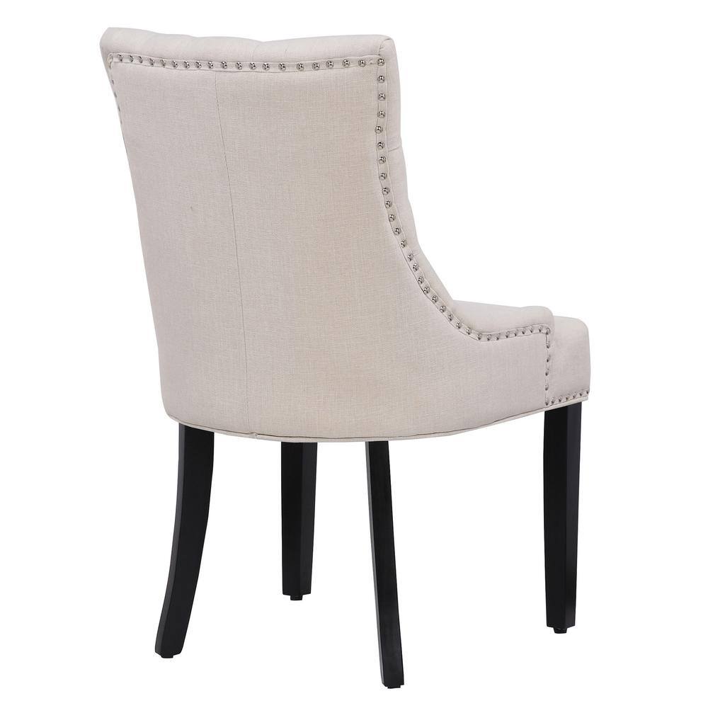Beige Linen Tufted High-Back Wooden Side Chair