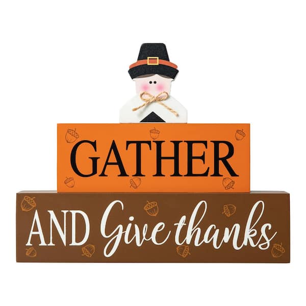 Glitzhome 7.5 in. H Thanksgiving Wooden Pilgrim Table Block Sign