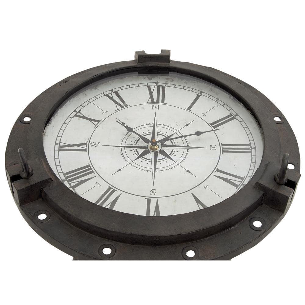 Black Iron Compass Clock Accent Table with Glass Top