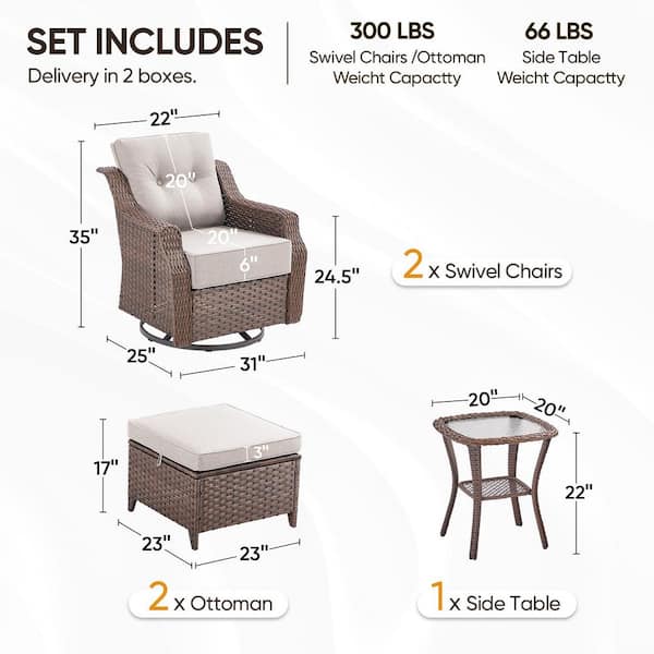 Modern Farmhouse 5-Piece Brown Wicker Outdoor Rocking Chair with 6 In. Beige Cushions /Patio Matching Ottomans