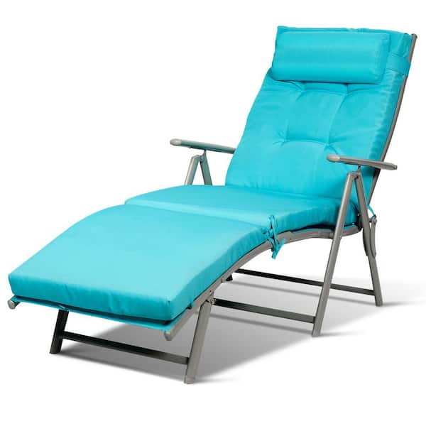 HONEY JOY Cushioned Folding Metal Outdoor Chaise Lounge Chair Adjustable Recliner with Turquoise Cushion