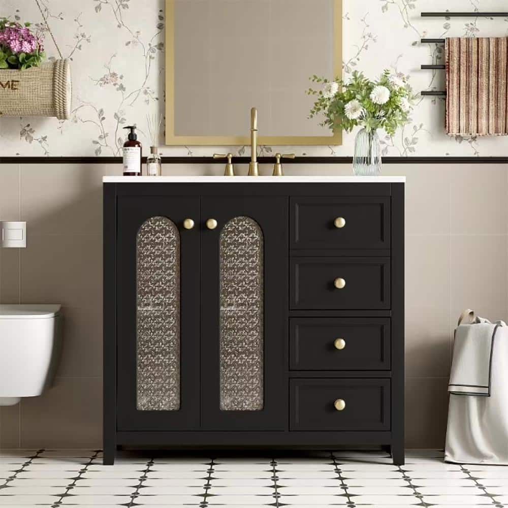 36in.W x 18 in.D x 33.86 in.H Black Bathroom Vanity Freestanding with 2 Sof