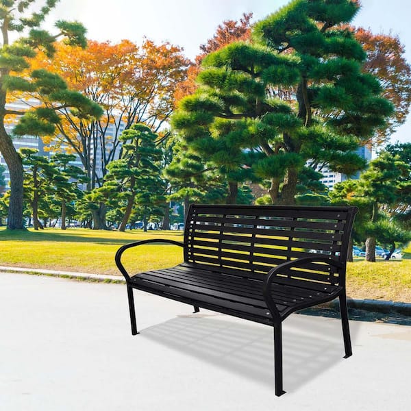 maocao hoom 45.7 in. Patio Metal Bench Black Steel and WPC
