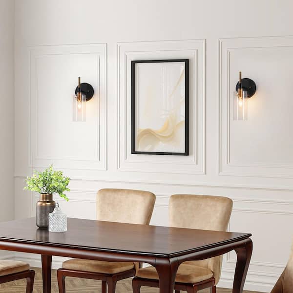 Modern 1-Light Brass Gold Wall Sconce, Black Bathroom Vanity Light with Open Cylinder Clear Glass Shades DIY Wall Light
