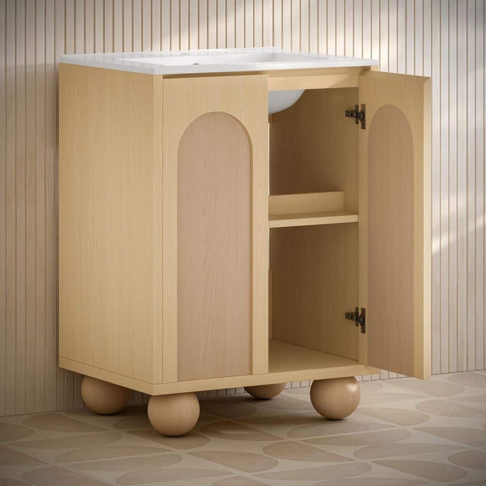 Plaisir II 24" Natural Oak Freestanding Bathroom Vanity with White Ceramic Sink Top