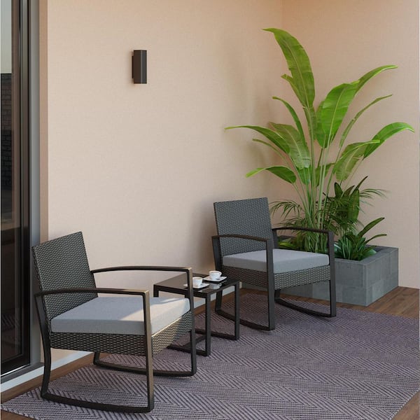 3 Pieces Patio Furniture Set Rattan Rocking Bistro Set Outdoor with Coffee Table for Garden, Gray