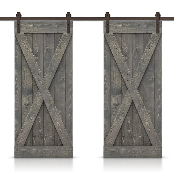 CALHOME X 52 in. x 84 in. Weather Gray Stained DIY Solid Pine Wood Interior Double Sliding Barn Door with Hardware Kit