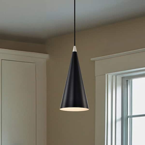 Edvivi 1-Light Matte Black and Brushed Nickel 6 in. Mini Pendant Light with Cone Metal Shade