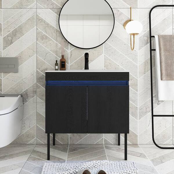 JimsMaison 30 in. W x 18 in. D x 32 in. H Single Sink Freestanding Bath Vanity in Black with White Ceramic Top