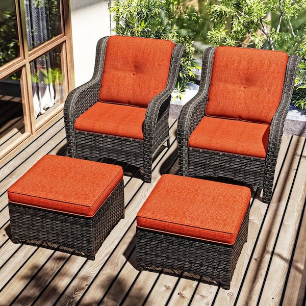 JOYSIDE 4-Piece Wicker Outdoor Patio Conversation Set with Orange Cushions and Ottoman