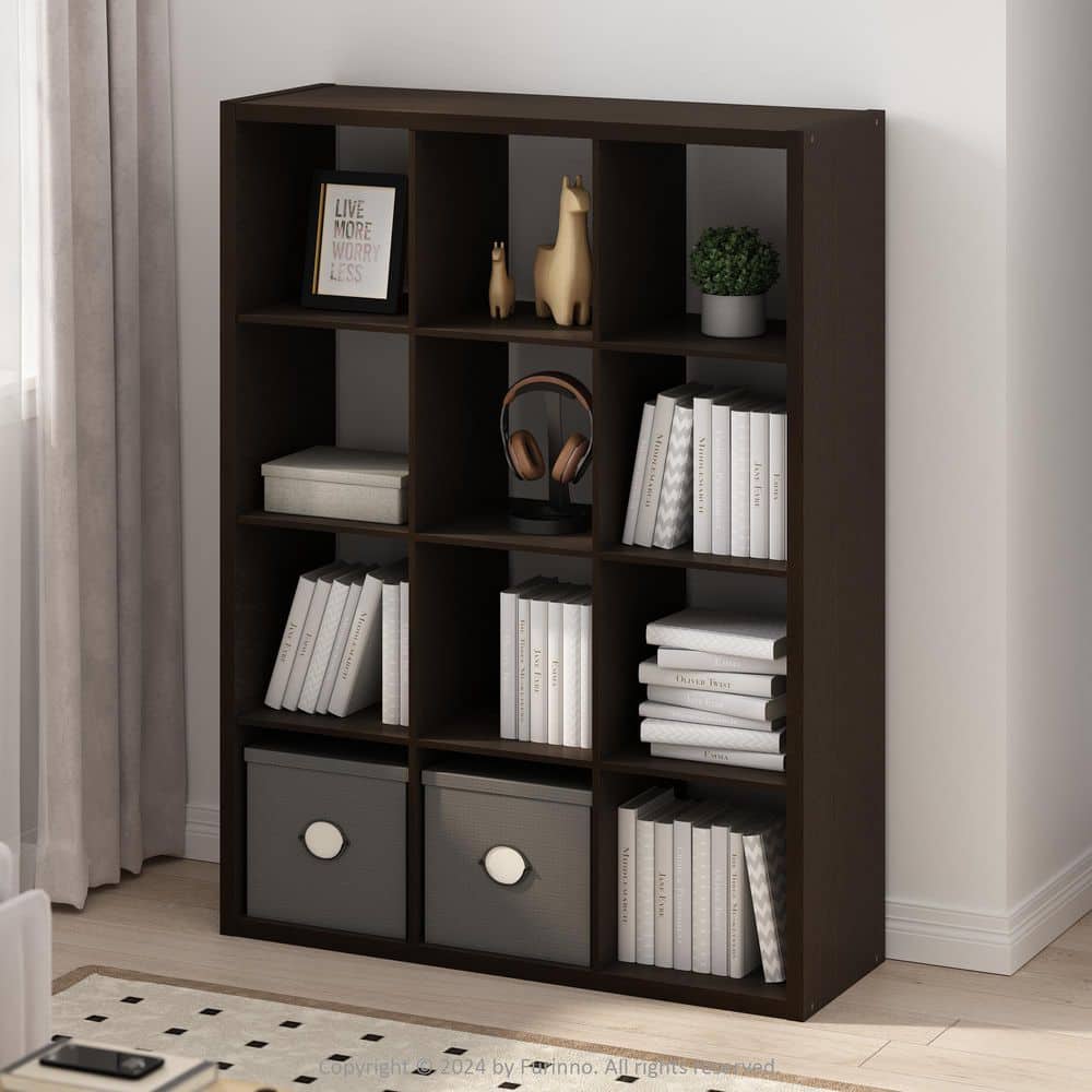 Furinno Simple 57.95 in. Tall Dark Oak Wood 12-Cube Bookcase