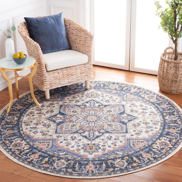 Astoria 7 ft. x 7 ft. Blue/Rust Border Medallion Round Area Rug