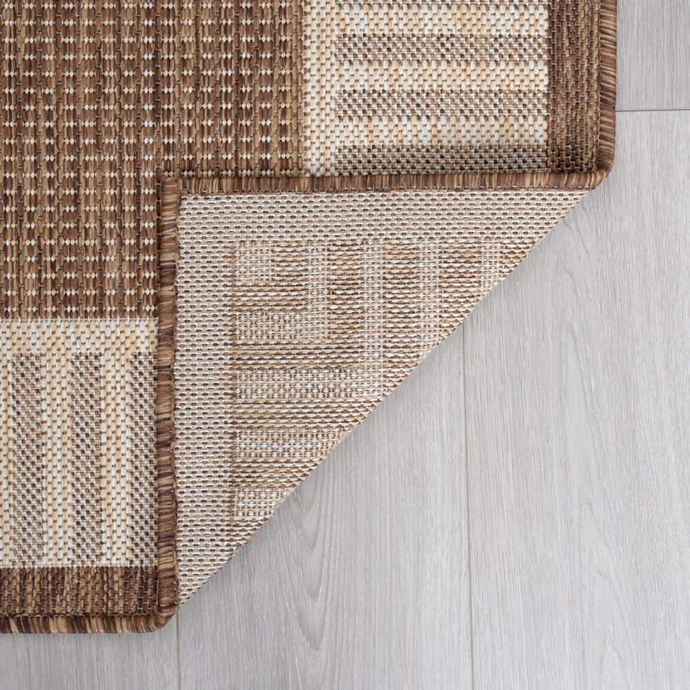 Brown and Beige Synthetic Rectangular Area Rug with Striped Border