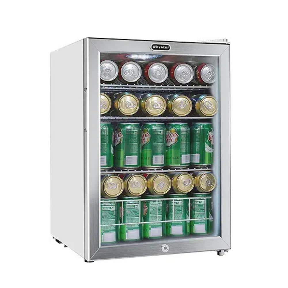 Whynter 17 in. 90 12 oz. Can Freestanding Beverage Fridge Cooler w/ Lock Temp Controls, Glass Door White Stainless Steel