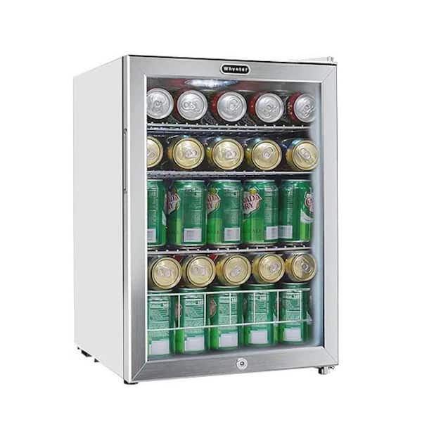 17 in. 90 12 oz. Can Freestanding Beverage Fridge Cooler w/ Lock Temp Controls, Glass Door White Stainless Steel