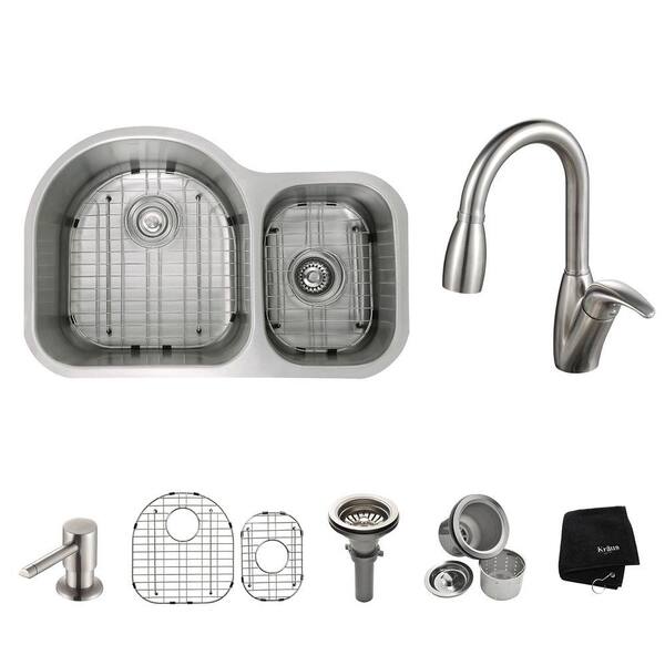 KRAUS All-in-One Undermount Stainless Steel 29 in. Double Bowl Kitchen Sink with Faucet and Accessories in Stainless Steel