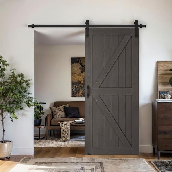 60 in. W. x 84 in. K-Plank Natural Solid Wood Finished Brown Interior Sliding Barn Door with Hardware Kit