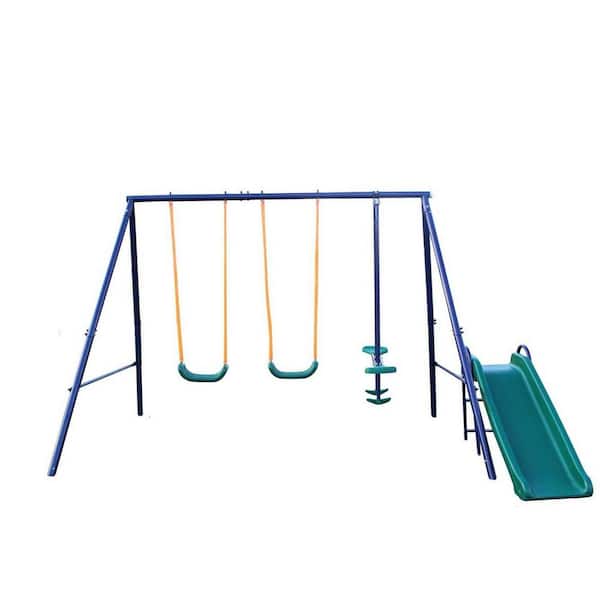 Unbranded Metal Outdoor Swing Set with 2 Swing Seats, 1 Glider, 1 Slide