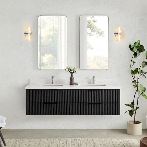 Barcelona 72 in.W x 22 in.D x 21.7 in.H Double Sink Bath Vanity in Oak Weathered Black with Pure White Quartz Stone Top