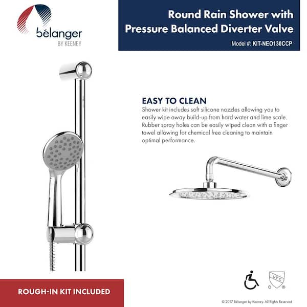 Keeney Belanger 1 Spray Round Hand Shower And Showerhead From Wall Combo Kit With Slide Bar And Valve In Polished Chrome Kit Del130ccp The Home Depot