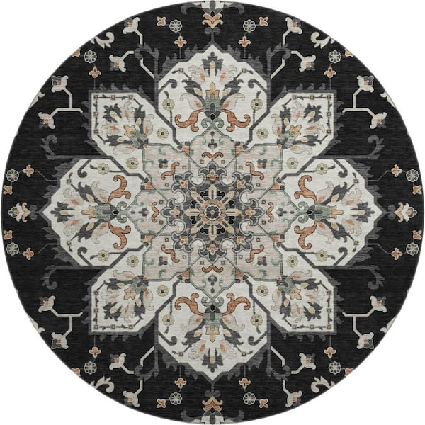 Mayfield Premium Machine Washable Abstract AMF2194 Black 8 ft. x 8 ft. Round Rug