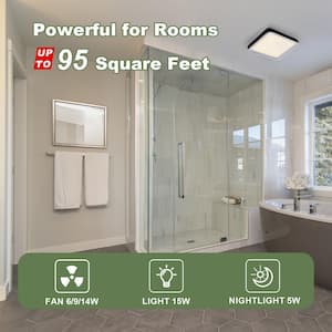 DC Bathroom Exhaust Fan Light, 50-80-100 CFM, 15-Watt Dimmable 3CCT LED Light with 2-Color Night Light, Square, Black