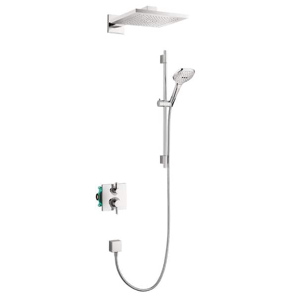 Hansgrohe Raindance E 3-Spray Square Showerhead and Wall Bar Set with Valve in Chrome