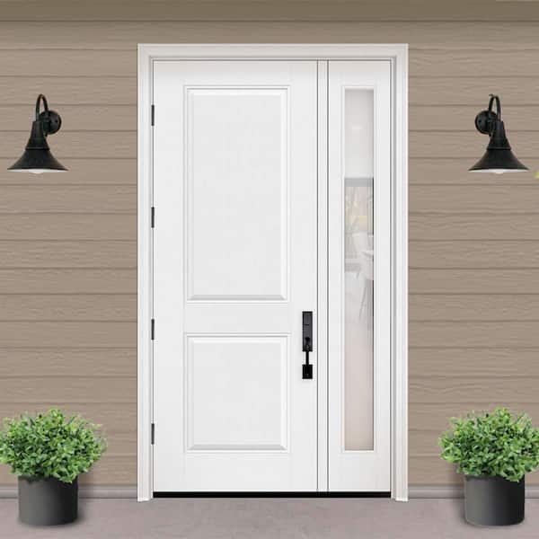 Regency 53 in. x 96 in. 2P Squaretop RHOS Unfinished White Mahogany Fiberglass Prehung Front Door w/Rain 14in. SL 4-9/16