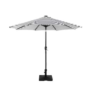 Marina 9 ft. Market Solar LED Patio Umbrella in Gray/White Stripe with 50 lbs. Concrete Base