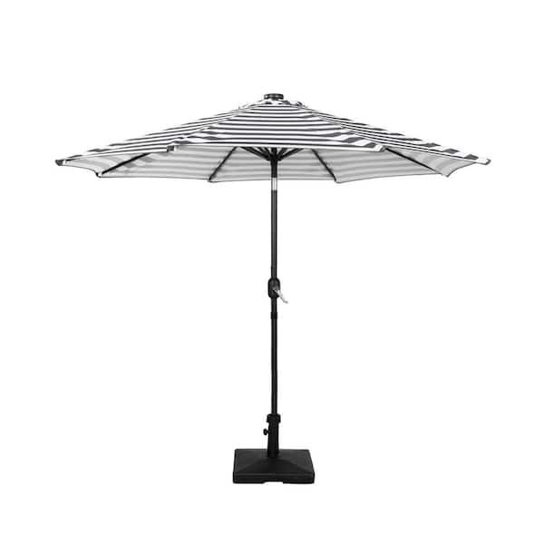 WESTIN OUTDOOR Marina 9 ft. Market Solar LED Patio Umbrella in Gray/White Stripe with 50 lbs. Concrete Base