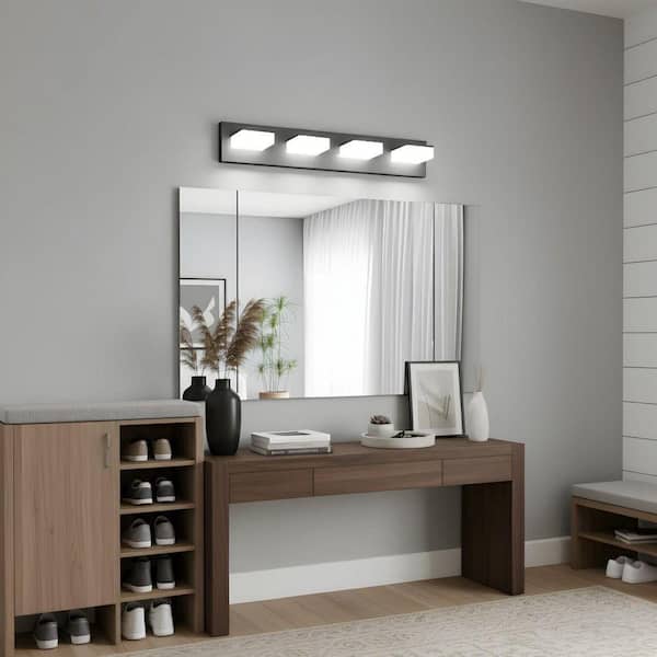 25.6 in. 4-Light Black LED Bathroom Vanity Light with Dimmable 6000K Light Source and 180° Rotating Shade