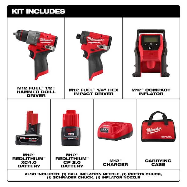 M12 FUEL 12-Volt Lithium-Ion Brushless Cordless Hammer Drill and Impact Driver Combo Kit (2-Tool) with Compact Inflator