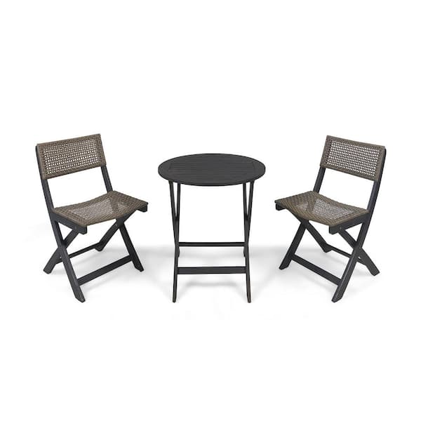 Noble House Hillside Dark Grey 3-Piece Wood and Faux Rattan Round Outdoor Patio Bistro Set