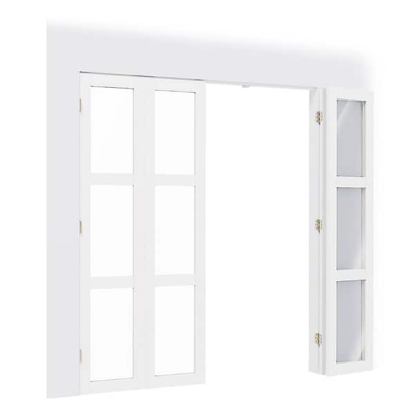72 in. x 80 in. 3-Lite, Clear Glass, Solid Core, MDF, PVC Covering Compack 180 Bi-Fold Door with Hardware Kits
