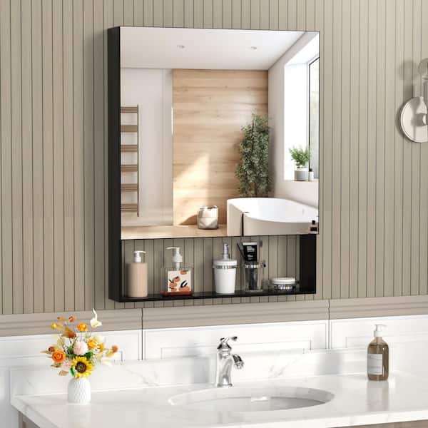 24 in. W x 30 in. H Rectangular Medicine Cabinet with Mirror and External Shelf Black Bathroom Medicine Mirror Cabinet