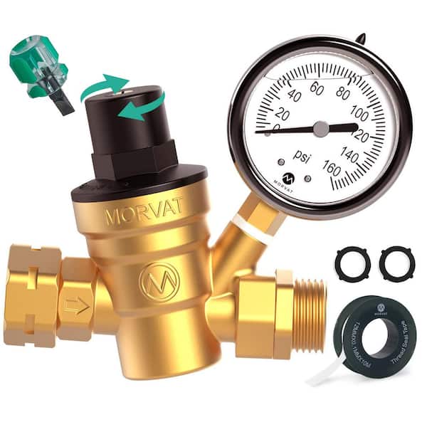 Morvat 3/4 in. Brass Heavy Duty Water Pressure Regulator with Gauge Includes Screwdriver 2 Rubber Washers and Teflon Tape