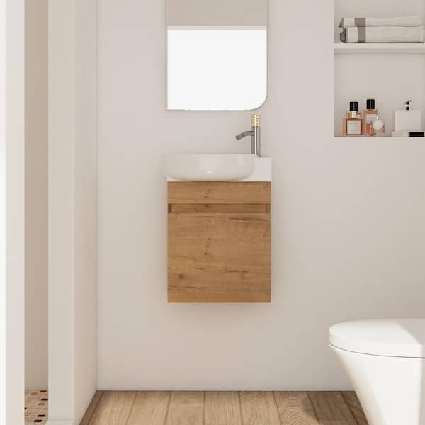 Unbranded 17 in. W x 12 in. D x 22 in. H Wall Mounted Single Sink Bath Vanity in Imitative Oak with Ceramic Top with White Basin