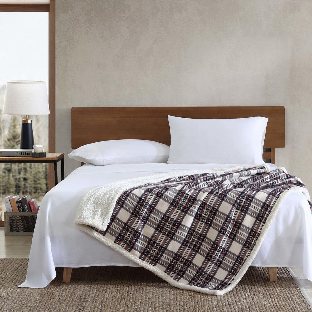 Brown Plaid Cotton Sherpa Reversible Throw Blanket