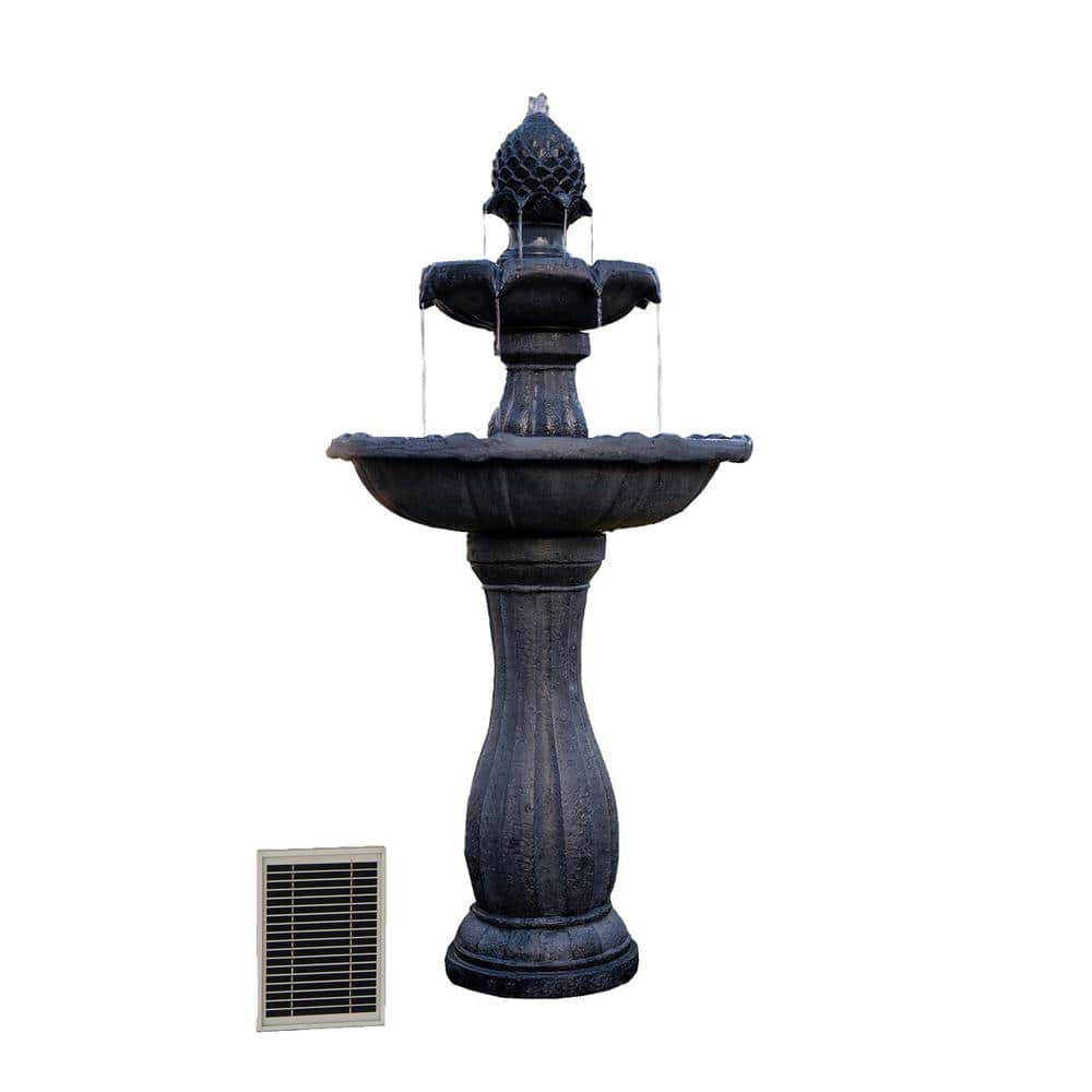 XBRAND 44 in. H 2-Tier black Fiberglass/Resin Solar w/Solar Panel and Auto-Shut Off Pump, Solar Garden Fountain