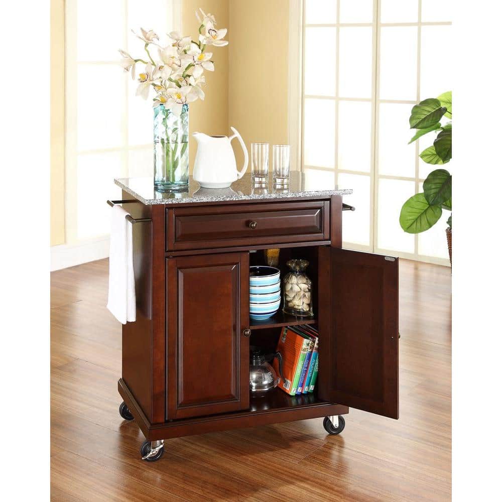 Compact Granite Top Mahogany Kitchen Cart with Ample Storage