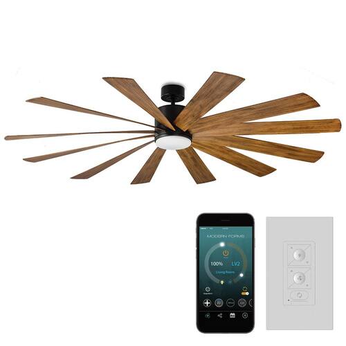 Windflower 80 in. 12-Blade Smart Indoor/Outdoor Matte Black/Koa Downrod Mount Ceiling Fan 3000K LED Remote included Modern Forms Ceiling Fans With Lights