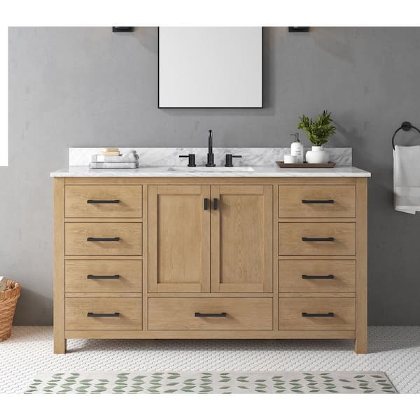 Avanity Modero 61 in. Single Sink Brushed Oak Bath Vanity with Carrara White Marble Top