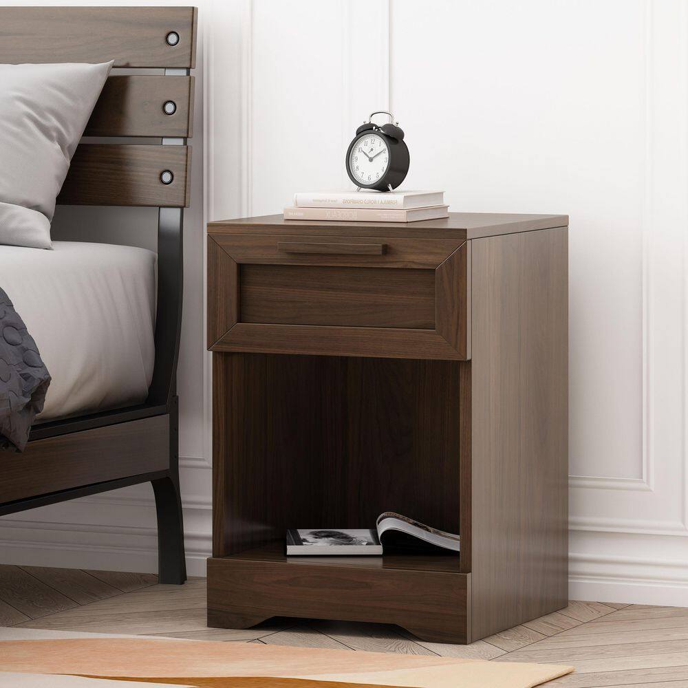 Walnut 1-Drawer Modern Nightstand with Shelf(Faux Wood), for Bedroom Storage, End Table for Bedroom