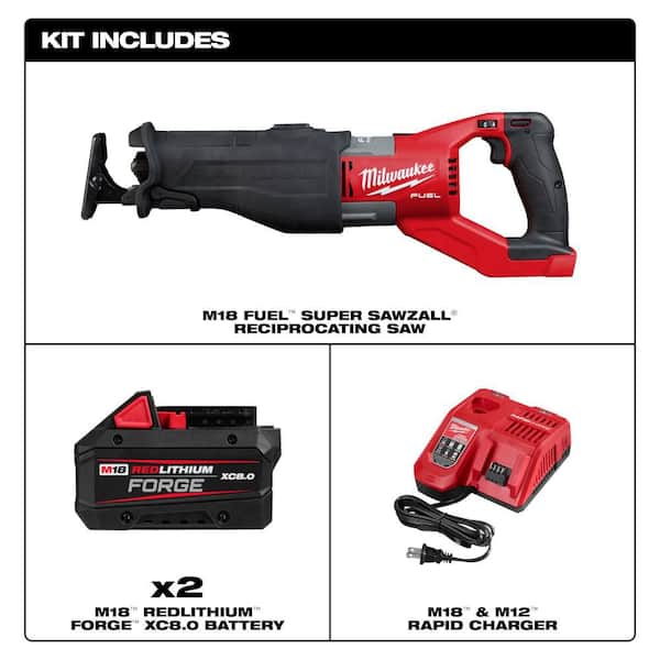 M18 FUEL 18V Lithium-Ion Brushless Cordless Super SAWZALL Reciprocating Saw w/ (2) FORGE 8.0 Ah Batteries & Charger
