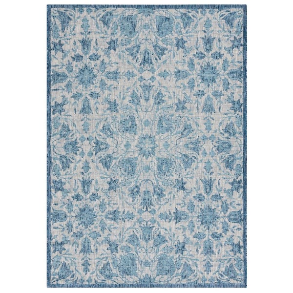 SAFAVIEH Courtyard Gray/Navy 7 ft. x 10 ft. Distressed Floral Indoor/Outdoor Area Rug