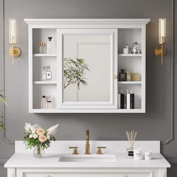 ANGELES HOME 40 in. W x 30 in. H Rectangular Solid Wood Wall Mount Medicine Cabinet with Mirror,Left Soft-Closed Door,White,Easy Hang