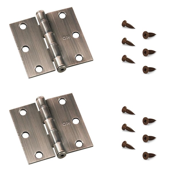 3 in. x 3 in. Brushed Antique Copper Full Mortise Butt Hinge with Removable Pin (2-Pack)