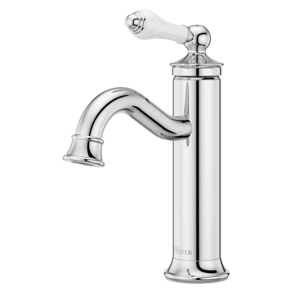 Pfister Courant Single-Handle Single Hole Bathroom Faucet with Deckplate and Drain Kit in Polished Chrome with Porcelain Handle