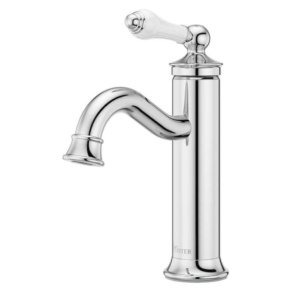 Courant Single-Handle Single Hole Bathroom Faucet with Deckplate and Drain Kit in Polished Chrome with Porcelain Handle