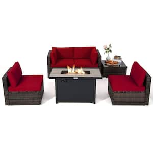 6-Piece Wicker Patio Conversation Set with 60,000 BTU Gas Fire Pit Table and Tempered Glass Coffee Table & Red Cushions